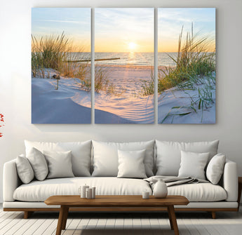 48907-MGV-CV-36X24-Beach Sunset Wall Art – Coastal Sand Dunes and Ocean View Canvas Print, Serene Seaside Landscape Painting for Living Room, Bedroom