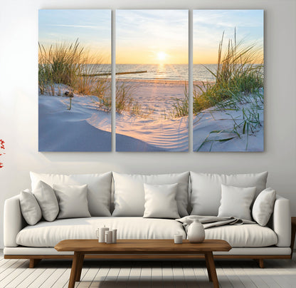 48907-MGV-CV-36X24-Beach Sunset Wall Art – Coastal Sand Dunes and Ocean View Canvas Print, Serene Seaside Landscape Painting for Living Room, Bedroom