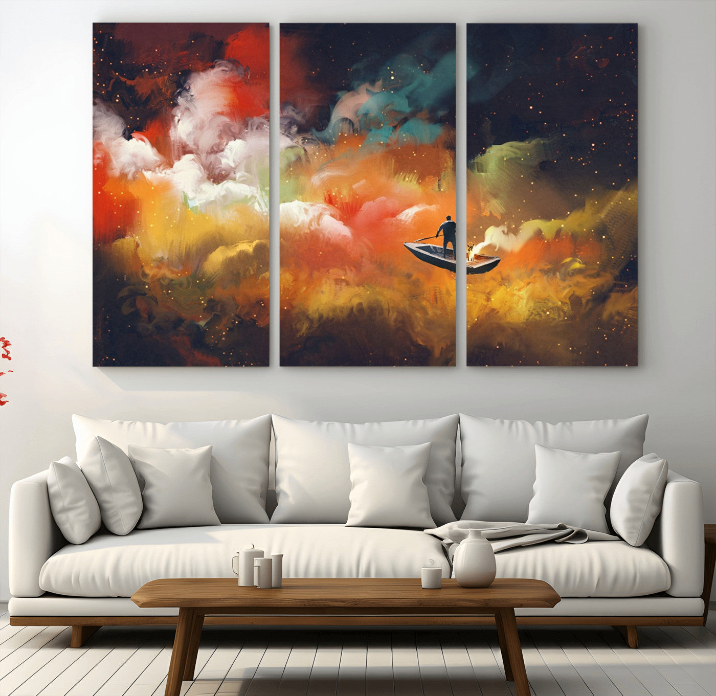 45085-MGV-CV-36X24-Surreal Cosmic Wall Art – Abstract Galaxy Dreamscape Canvas Print with Man and Dog in Boat, Fantasy Nebula Painting for Living
