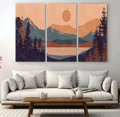 62795-MGV-CV-36X24-Minimalist Mountain Landscape Wall Art – Abstract Sunset Over Peaks and Pine Trees Canvas Print, Modern Nature Decor for Living