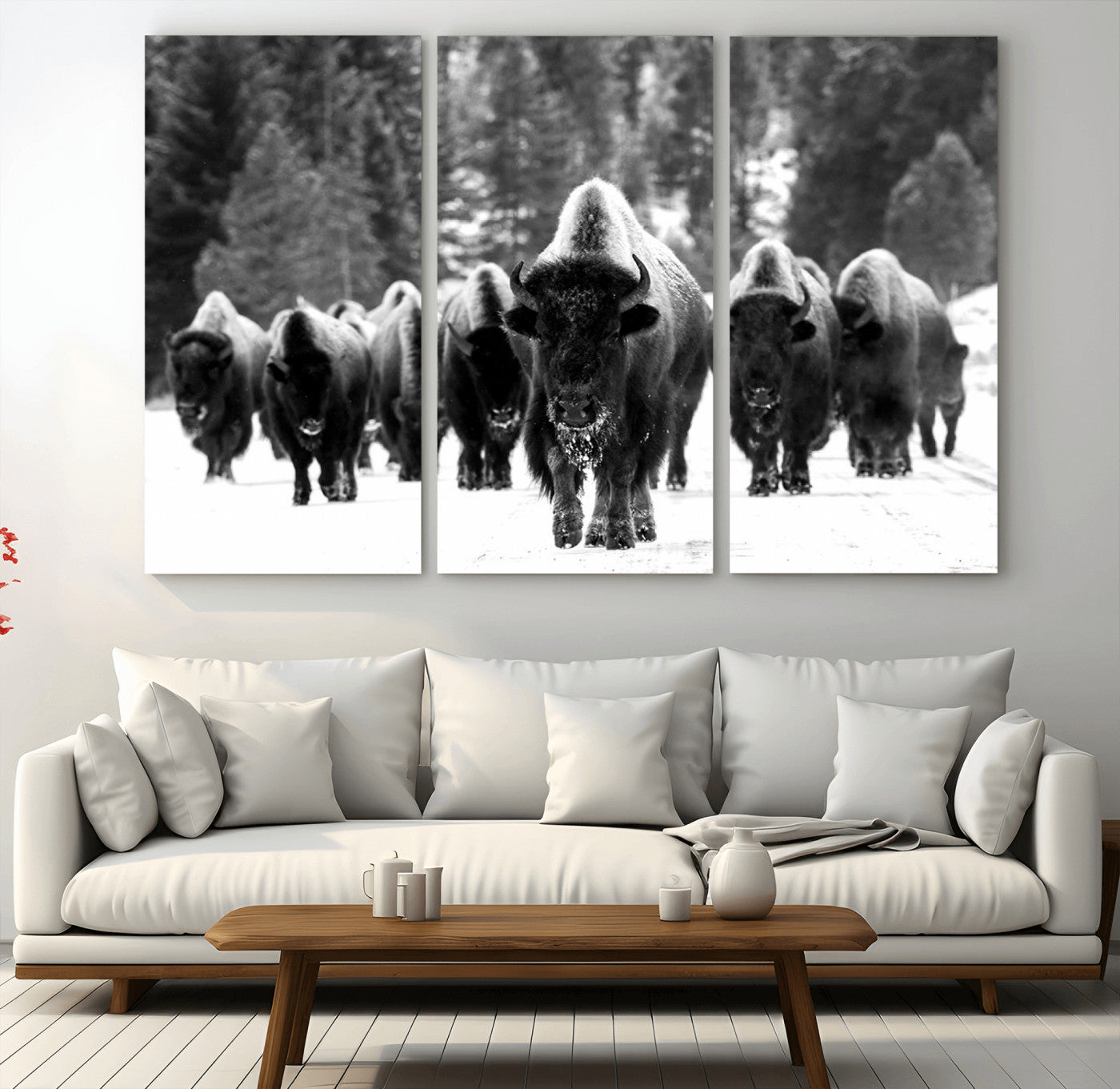 62434-MGV-CV-36X24-Bison Herd Wall Art – Majestic Black and White Buffalo Canvas Print, Wildlife Nature Photography Decor for Living Room, Office or