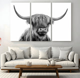10123-MGV-CV-36X24-Black and White Highland Cow Wall Art – Modern Farmhouse Animal Print, Rustic Scottish Bull Canvas Decor for Living Room, Bedroom,