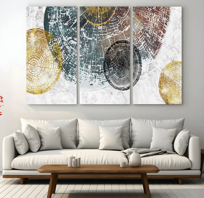 70653-MGV-CV-36X24-Abstract Tree Ring Wall Art – Modern Rustic Wood Slice Canvas Print with Gold Accents, Contemporary Nature Decor for Living Room,