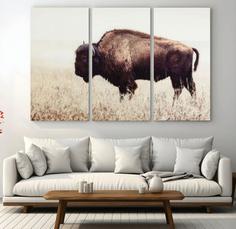 48406-MGV-CV-36X24-American Bison Wall Art – Rustic Buffalo Canvas Print in Prairie Field, Western Wildlife Photography Decor for Cabin, Lodge,