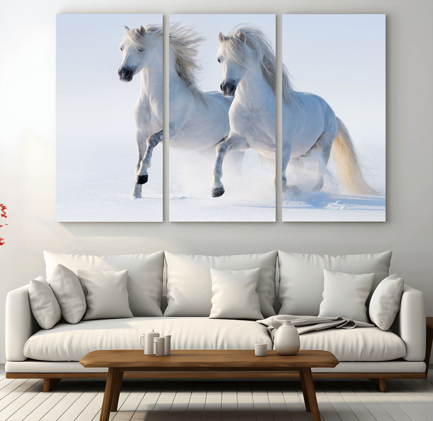 80145-MGV-CV-36X24-White Horses Running Snow Wall Art – Majestic Equine Canvas Print, Winter Nature Photography Decor for Living Room, Office,