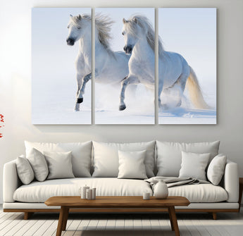 80145-MGV-CV-36X24-White Horses Running Snow Wall Art – Majestic Equine Canvas Print, Winter Nature Photography Decor for Living Room, Office,