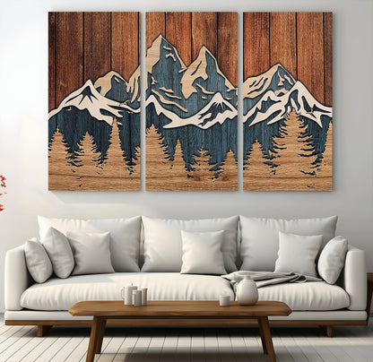 41330-MGV-CV-48X32-3P-Rustic Mountain Wall Art – Wooden Nature Scene with Trees and Peaks, Handmade 3D Layered Decor for Living Room, Cabin or Office