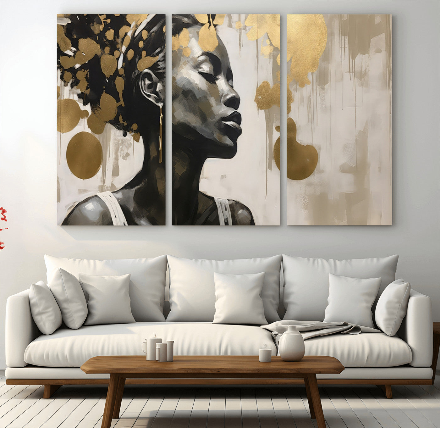 65669-MGV-CV-48X32-3P-Elegant Black Woman Wall Art – Modern Abstract Portrait Canvas with Gold Accents, Contemporary Afrocentric Decor for Living Room