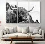 61570-MGV-CV-48X32-3P-Highland Cow Wall Art – Black and White Scottish Bull Canvas Print, Rustic Farmhouse Animal Decor for Living Room, Bedroom, or