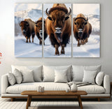 56701-MGV-CV-36X24-Bison Herd Wall Art – Buffalo Walking in Snowy Mountains Canvas Print, Rustic Wildlife Decor for Cabin, Lodge, or Living Room