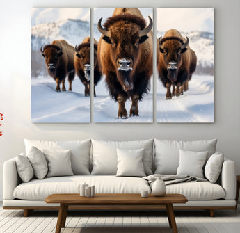 56701-MGV-CV-36X24-Bison Herd Wall Art – Buffalo Walking in Snowy Mountains Canvas Print, Rustic Wildlife Decor for Cabin, Lodge, or Living Room