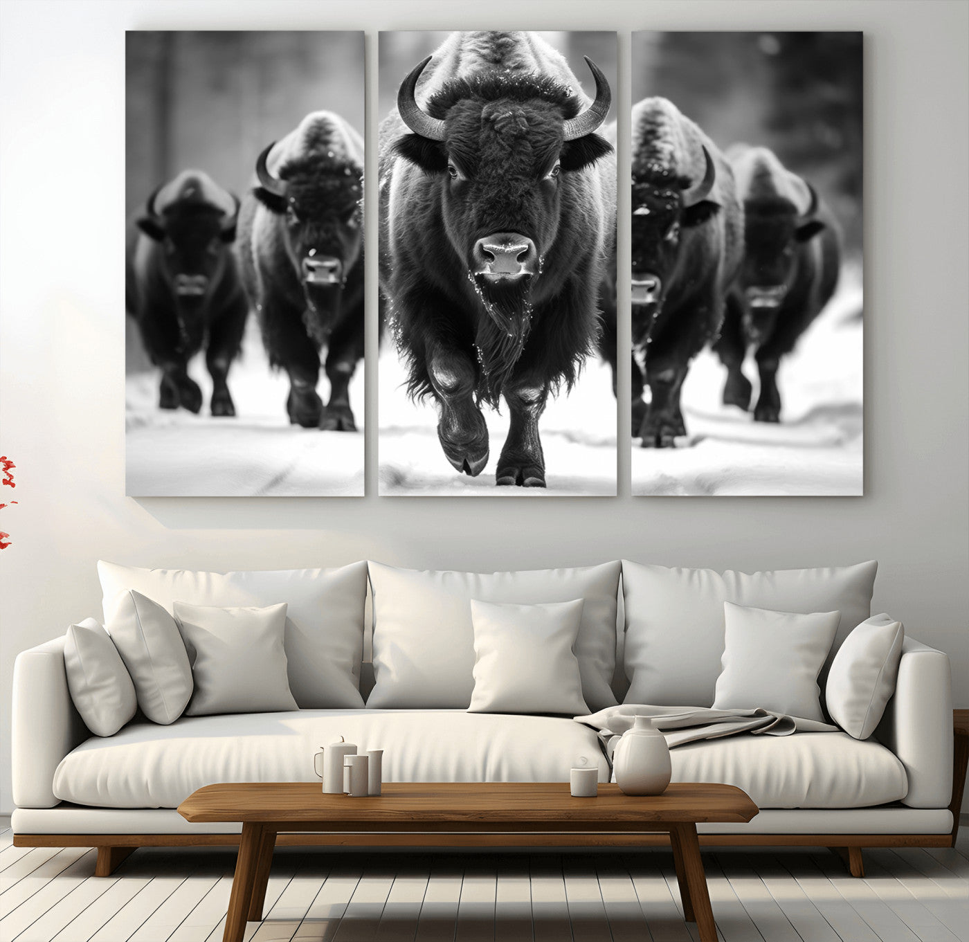 79872-MGV-CV-36X24-Bison Herd Wall Art – Black and White Buffalo on Snow Canvas Print, Rustic Wildlife Decor for Lodge, Cabin, or Living Room
