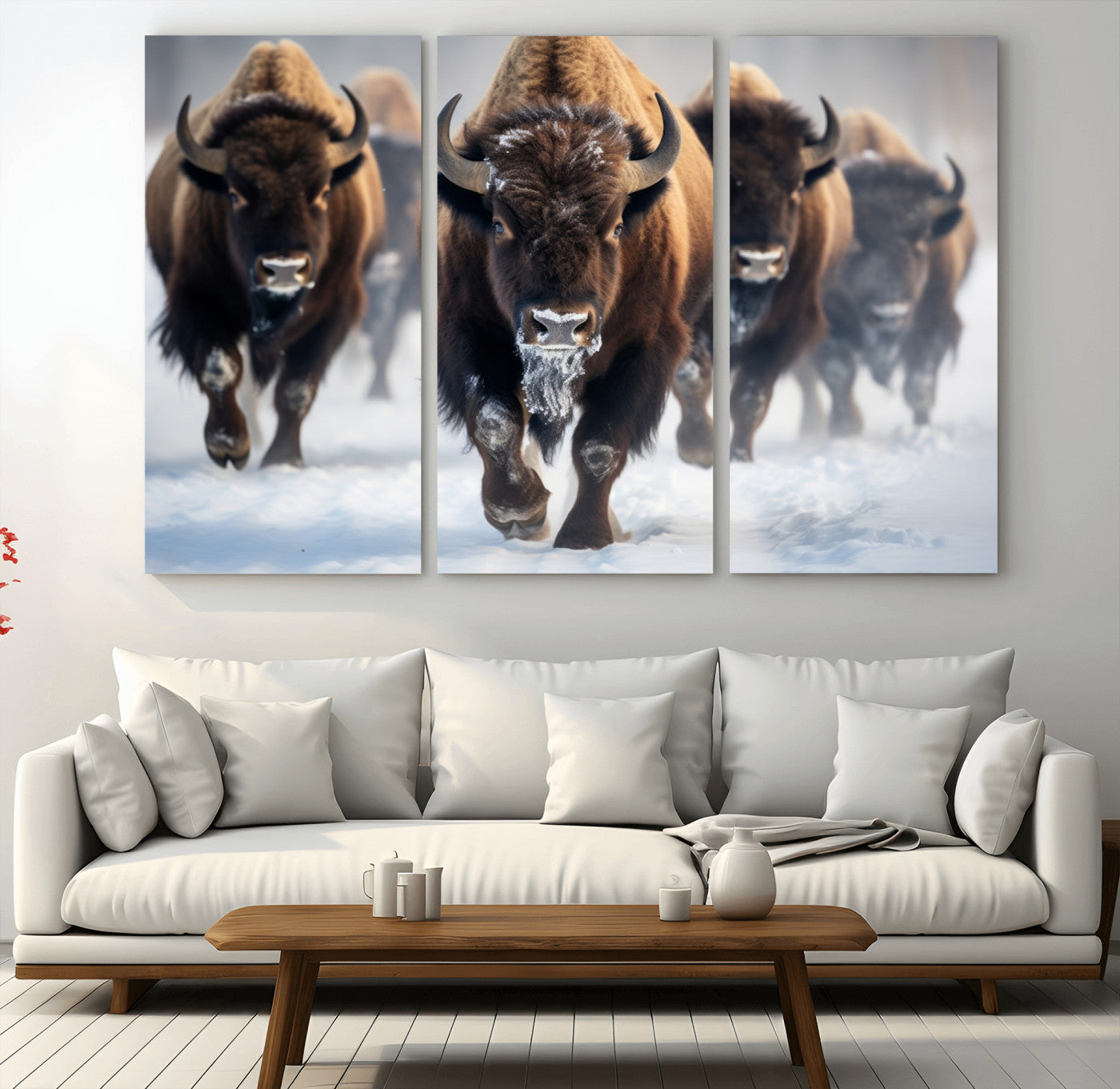 80512-MGV-CV-36X24-Bison Herd Wall Art – Buffalo Running in Snow Canvas Print, Rustic Wildlife Photography Decor for Cabin, Lodge, or Living Room