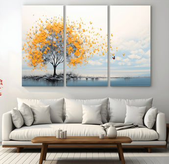 23385-MGV-CV-36X24-Golden Butterfly Tree Wall Art – Abstract Yellow and Gray Canvas Print, Modern Nature Artwork for Living Room, Bedroom or Office