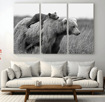 76338-MGV-CV-36X24-Mother Bear and Cub Wall Art – Black and White Wildlife Canvas Print, Rustic Nature Photography for Cabin, Living Room or Office