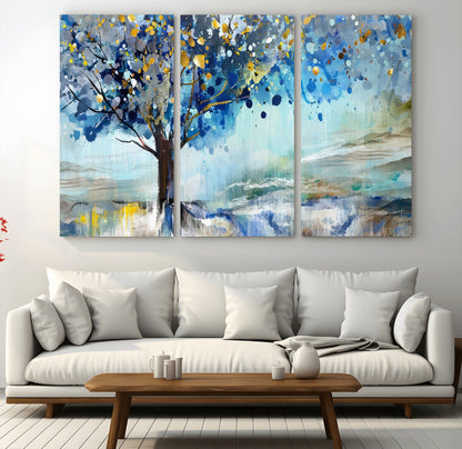 17018-MGV-CV-36X24-Abstract Blue Tree Wall Art – Colorful Canvas Painting with Gold and Silver Accents, Modern Nature Artwork for Living Room,