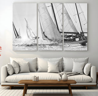 Boat-1-MGV-CV-36X24-Sailboat Racing Wall Art – Nautical Black and White Canvas Print, Ocean Adventure Decor for Office, Living Room or Bedroom