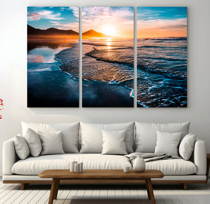 26494-MGV-CV-36X24-Ocean Sunset Wall Art – Scenic Beach Canvas Print with Waves and Mountains, Coastal Seascape Photography for Living Room, Bedroom