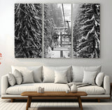 19240-MGV-CV-36X24-Ski Lift Wall Art – Black and White Winter Mountain Canvas Print, Snowy Forest Ski Resort Photography for Cabin, Lodge, Office or