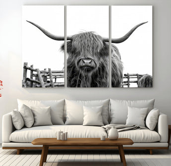 58188-MGV-CV-36X24-Highland Cow Wall Art – Black and White Rustic Farmhouse Canvas Print, Longhorn Cattle Photography Decor for Living Room or
