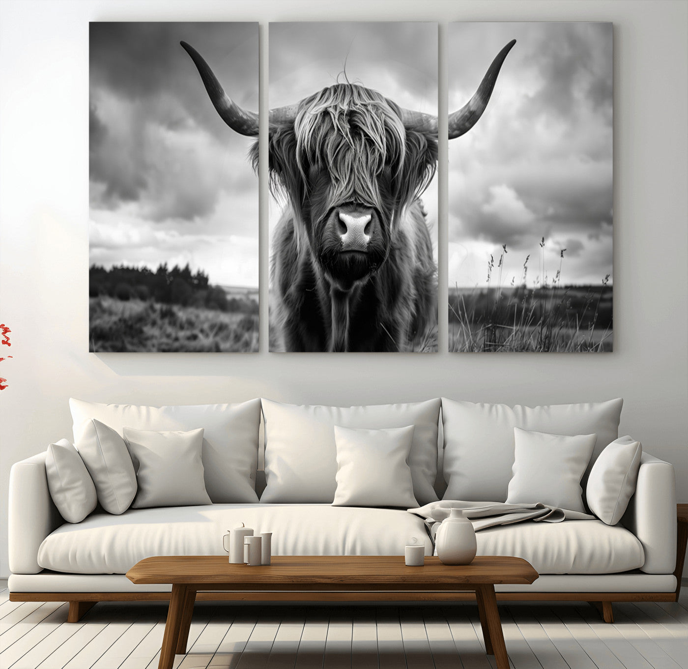17924-MGV-CV-36X24-Highland Cow Wall Art – Black and White Rustic Longhorn Cattle Canvas Print, Farmhouse Animal Photography Decor for Country Home