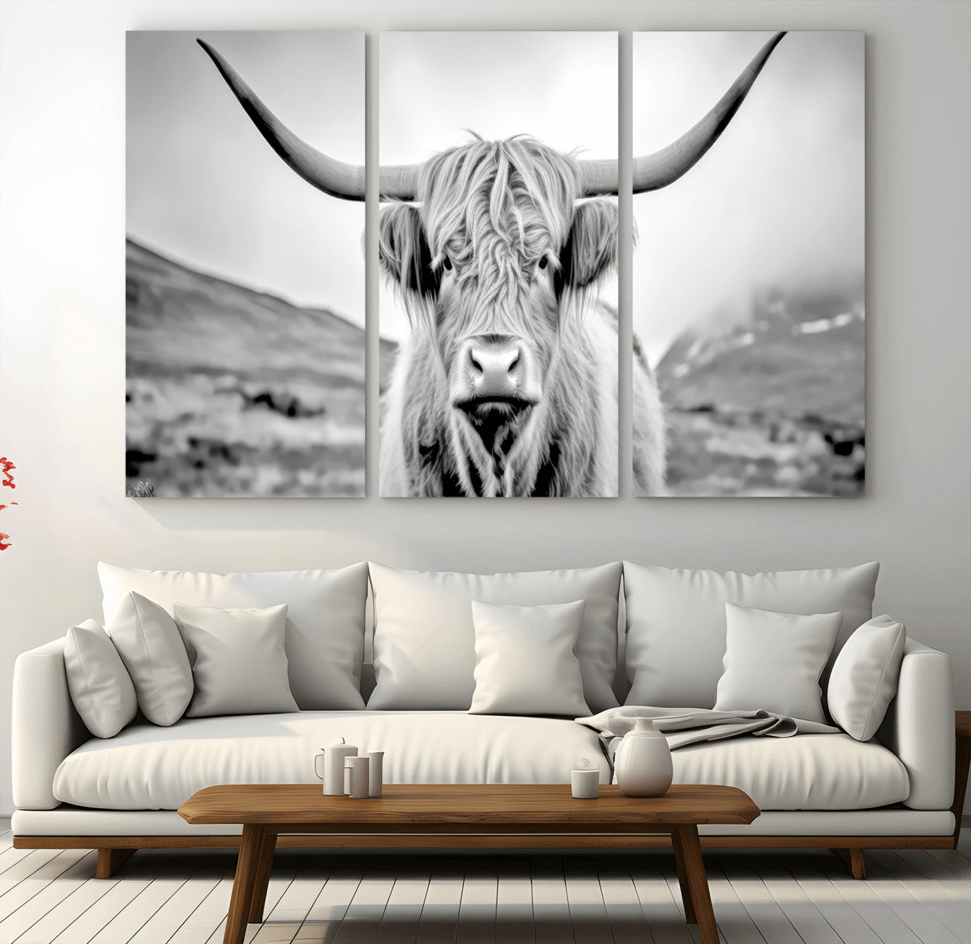 80564-MGV-CV-36X24-Highland Cow Wall Art – Black and White Scottish Highland Canvas Print, Rustic Farmhouse Decor for Living Room, Bedroom or Office