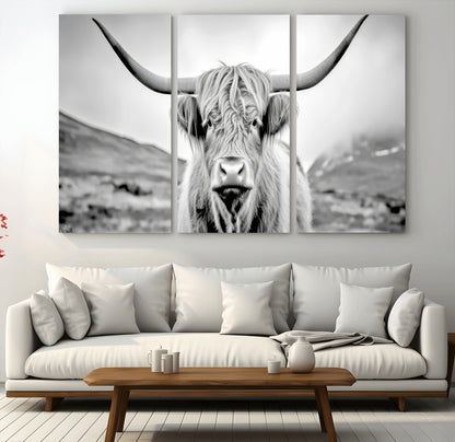 80564-MGV-CV-36X24-Highland Cow Wall Art – Black and White Scottish Highland Canvas Print, Rustic Farmhouse Decor for Living Room, Bedroom or Office
