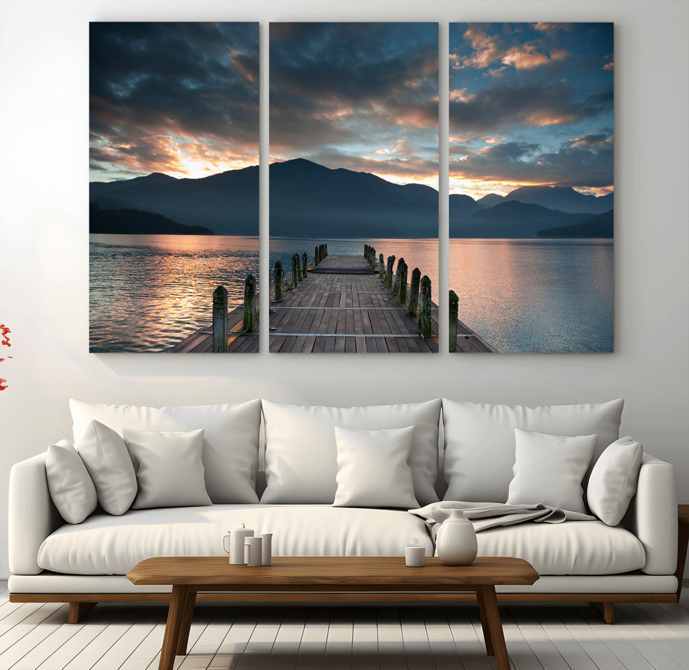 20442-MGV-CV-36X24-Lakeside Sunset Dock Wall Art – Peaceful Mountain Lake Canvas Print, Serene Nature Landscape Decor for Living Room, Bedroom or