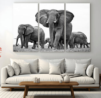 91685-MGV-CV-36X24-Elephant Herd Wall Art – Black and White Safari Canvas Print, African Wildlife Photography Decor for Living Room, Office or