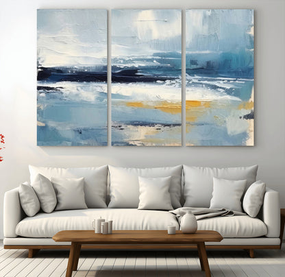 19746-MGV-CV-48X32-3P-Abstract Ocean Wall Art – Modern Coastal Canvas Print with Blue, White and Gold Textures, Contemporary Seascape Painting for