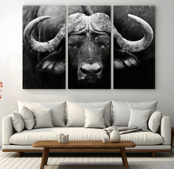 75273-MGV-CV-36X24-Buffalo Wall Art – Black and White African Buffalo Canvas Print, Rustic Wildlife Animal Artwork for Farmhouse, Living Room,