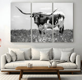 94709-MGV-CV-36X24-Texas Longhorn Wall Art – Black and White Bull Photography Canvas Print, Western Farmhouse Wall Decor for Living Room, Office or