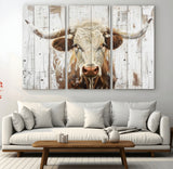 71551-MGV-CV-48X32-3P-Longhorn Bull Wall Art – Rustic Western Cow Canvas Print, Farmhouse Animal Painting with Wood Plank Style for Living Room, Office
