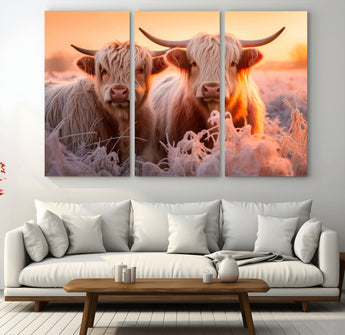68253-MGV-CV-36X24-Highland Cow Wall Art – Rustic Farmhouse Cattle Canvas Print, Frosty Sunset Animal Artwork for Living Room, Bedroom or Country