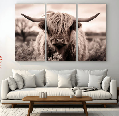 55903-MGV-CV-36X24-Highland Cow Wall Art – Rustic Sepia Scottish Highland Bull Canvas Print, Farmhouse Country Animal Decor for Living Room, Bedroom