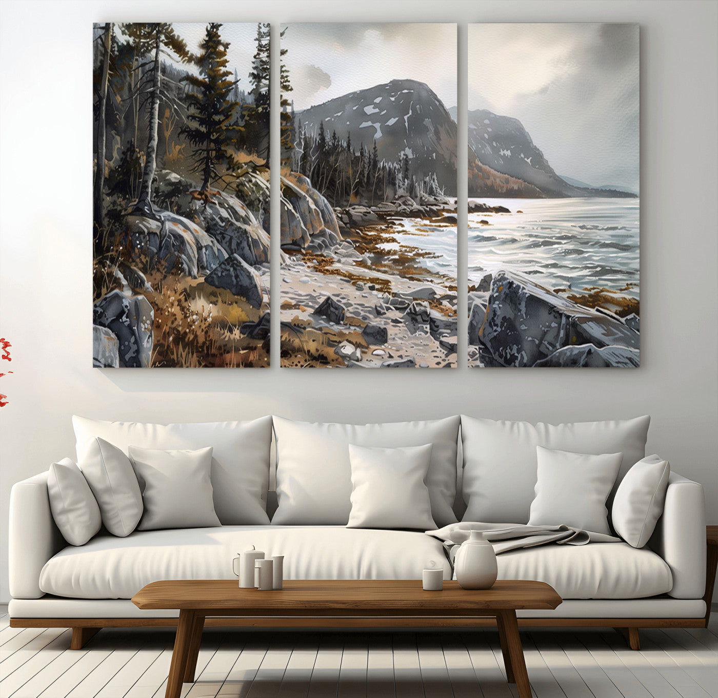 41281-MGV-CV-36X24-Rocky Shoreline Wall Art – Panoramic Mountain Coast and Forest Canvas Print, Rustic Nature Landscape Decor for Cabin, Lodge, or