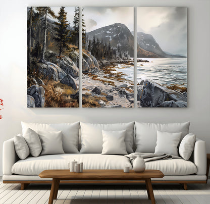 41281-MGV-CV-36X24-Rocky Shoreline Wall Art – Panoramic Mountain Coast and Forest Canvas Print, Rustic Nature Landscape Decor for Cabin, Lodge, or