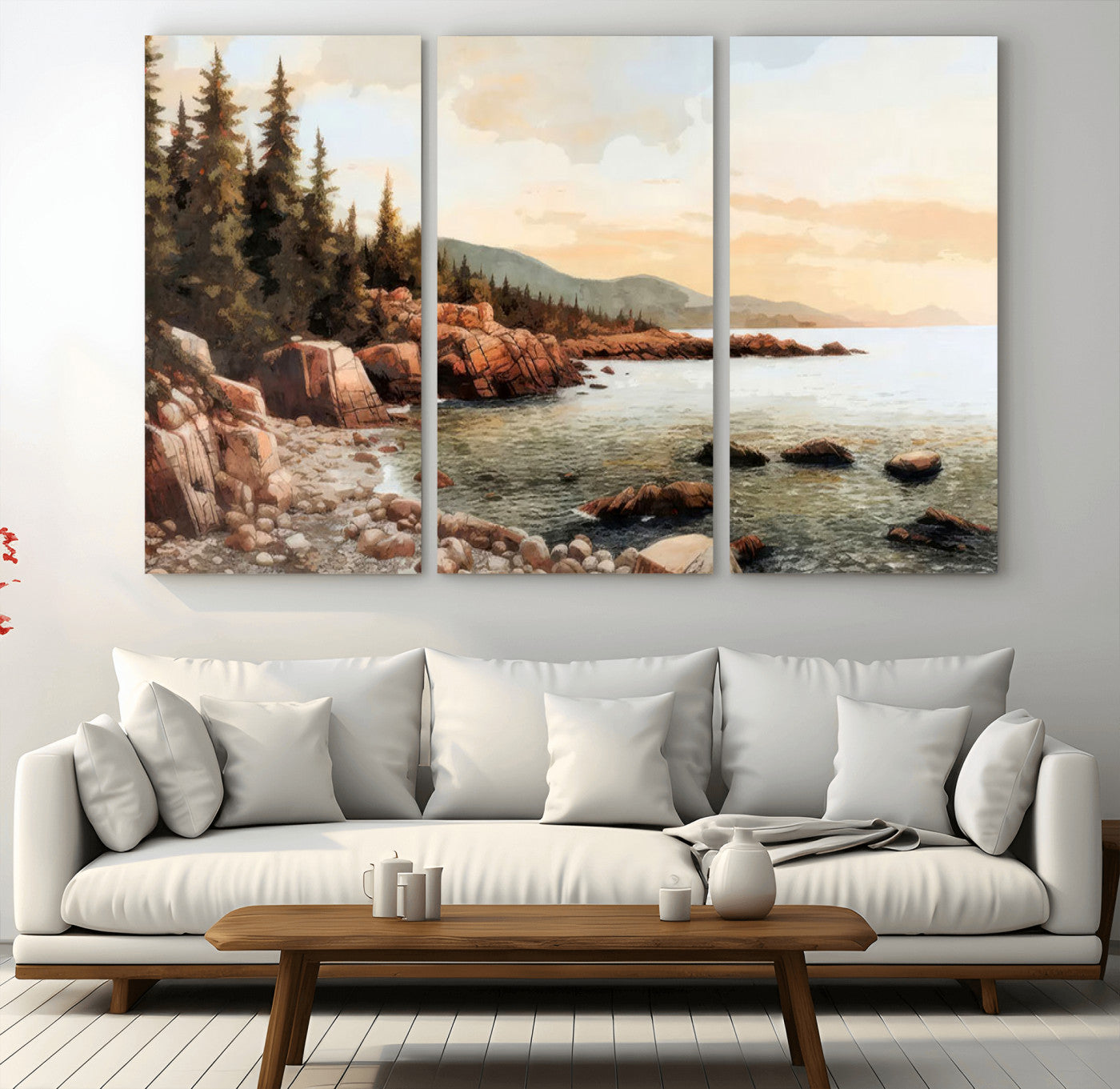 77145-MGV-CV-36X24-Coastal Landscape Wall Art – Panoramic Rocky Shoreline and Pine Trees Canvas Print, Rustic Nature Decor for Cabin, Lodge, Office,