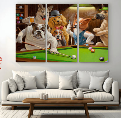 34228-MGV-CV-36X24-Dogs Playing Pool Wall Art Canvas Print, Framed Funny Dog Art Picture Print, Dog Perfect Game Room Decor Artwork
