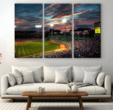 66781-MGV-CV-48X32-3P-Baseball Stadium Wall Art – Canvas Print Evening Game Field Packed Crowd Sunset Sky Sports Photography, Dynamic Decor for Game