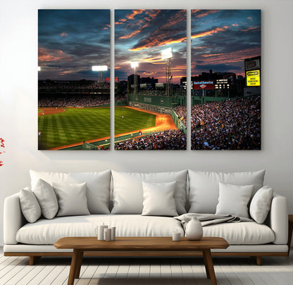 66781-MGV-CV-48X32-3P-Baseball Stadium Wall Art – Canvas Print Evening Game Field Packed Crowd Sunset Sky Sports Photography, Dynamic Decor for Game