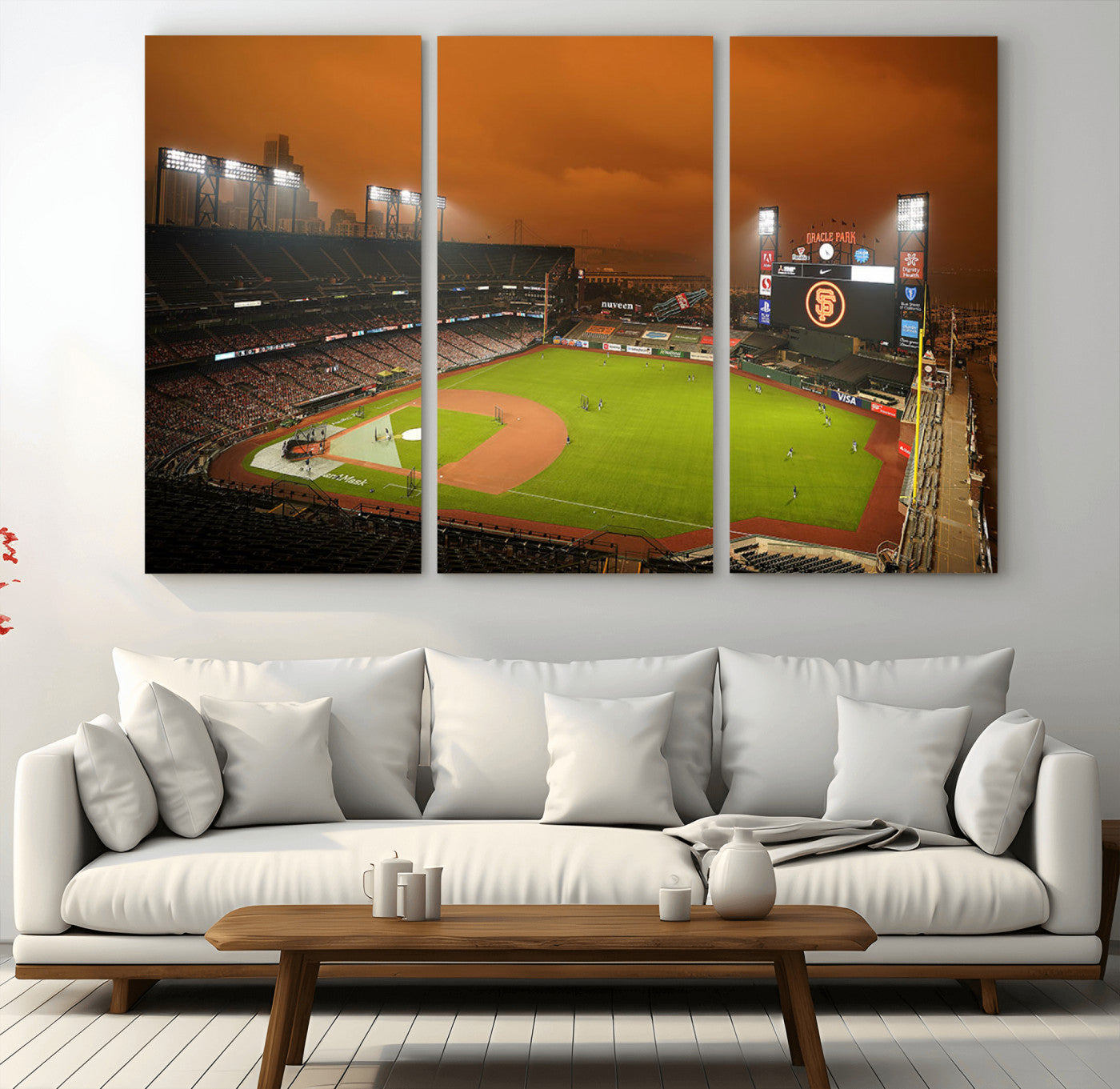 31315-MGV-CV-48X32-3P-Oracle Park Stadium Wall Art Canvas Print, Framed California Stadium Art Picture Print, Oracle Park Field Perfect Sport Room Decor