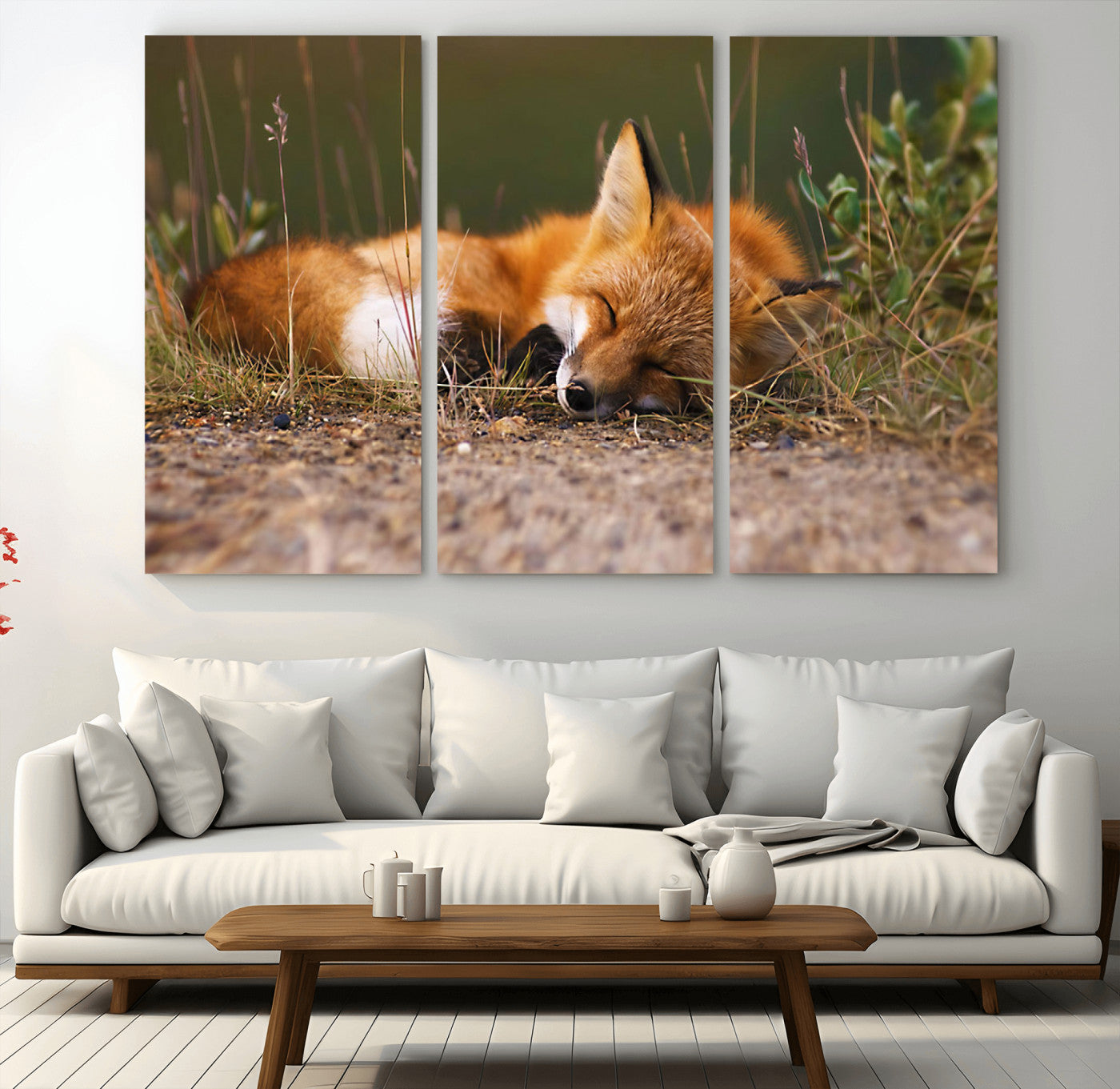 25085-MGV-CV-36X24-Sleeping Fox Wall Art Canvas Print, Framed Rustic Fox Art Picture Print, Wildlife Animal Perfect Rustic Farmhouse Decor Artwork