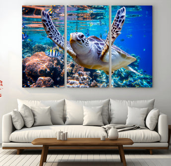 12683-MGV-CV-36X24-Sea Turtle Wall Art – Graceful Ocean Canvas Print with Coral Reef and Tropical Fish, Coastal Marine Life Decor for Beach House,