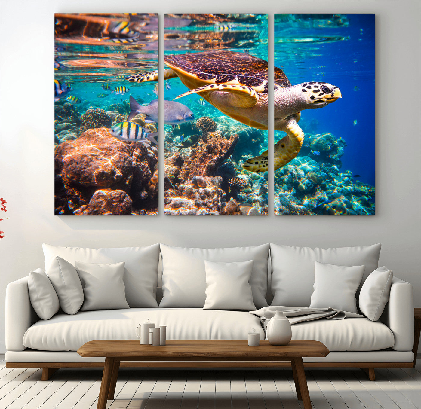 66614-MGV-CV-36X24-Sea Turtle Wall Art – Hawksbill Turtle Swimming Over Coral Reef Canvas Print, Ocean Marine Life Decor for Beach House, Coastal