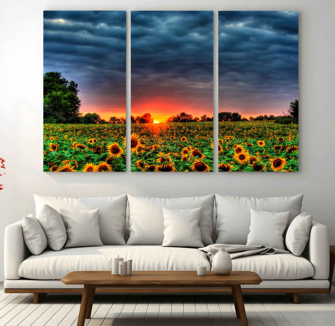 45045-MGV-CV-36X24-Sunflower Field Sunset Wall Art – Dramatic Stormy Sky Landscape Print, Vibrant Yellow Floral Nature Canvas for Living Room,
