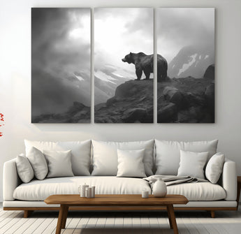 49504-MGV-CV-36X24-Black and White Grizzly Bear Wall Art – Wilderness Wildlife Painting, Rustic Mountain Cabin Decor, Monochrome Animal Print for