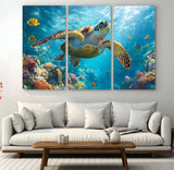 37623-MGV-CV-36X24-Sea Turtle Wall Art – Underwater Ocean Canvas Print with Coral Reef and Tropical Fish, Marine Life Painting Poster for Living