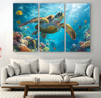 37623-MGV-CV-36X24-Sea Turtle Wall Art – Underwater Ocean Canvas Print with Coral Reef and Tropical Fish, Marine Life Painting Poster for Living