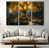 92739-MGV-CV-36X24-Glowing Tree Wall Art – Enchanted Golden Forest Canvas Print, Mystical Illuminated Nature Painting Poster for Living Room,